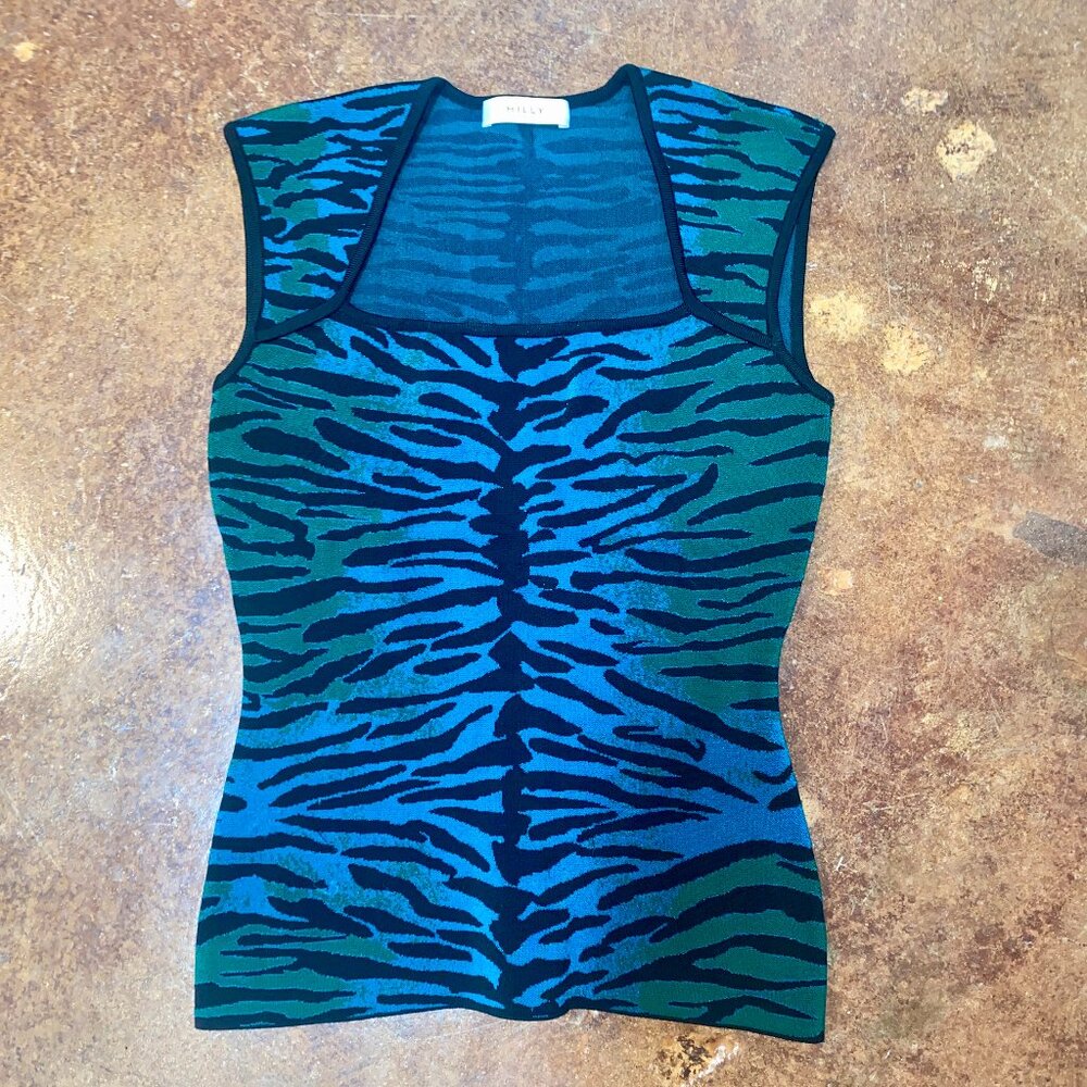 MILLY Unique/Rare Sample Luxury Tiger Queen Blue Green Print Sleeveless Top Sm
